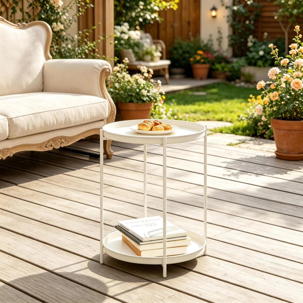 Tavolino rotondo da salotto Ø 44 cm con 2 ripiani rimovibili in metallo bianco crema HOMVRA