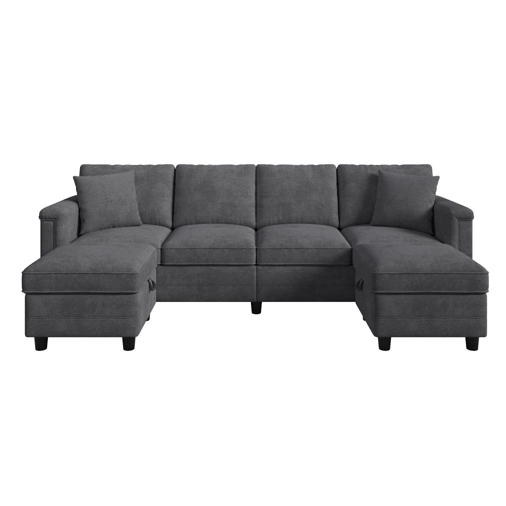 Divano modulare grigio in tessuto Chenille con 2 pouf contenitori e 2 cuscini decorativi, 261×134×82 cm