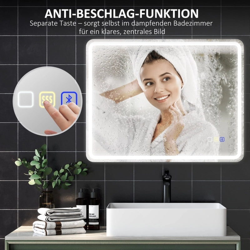 Specchio da bagno LED con Bluetooth e orologio; antiappannamento; luce regolabile e memoria; argento
