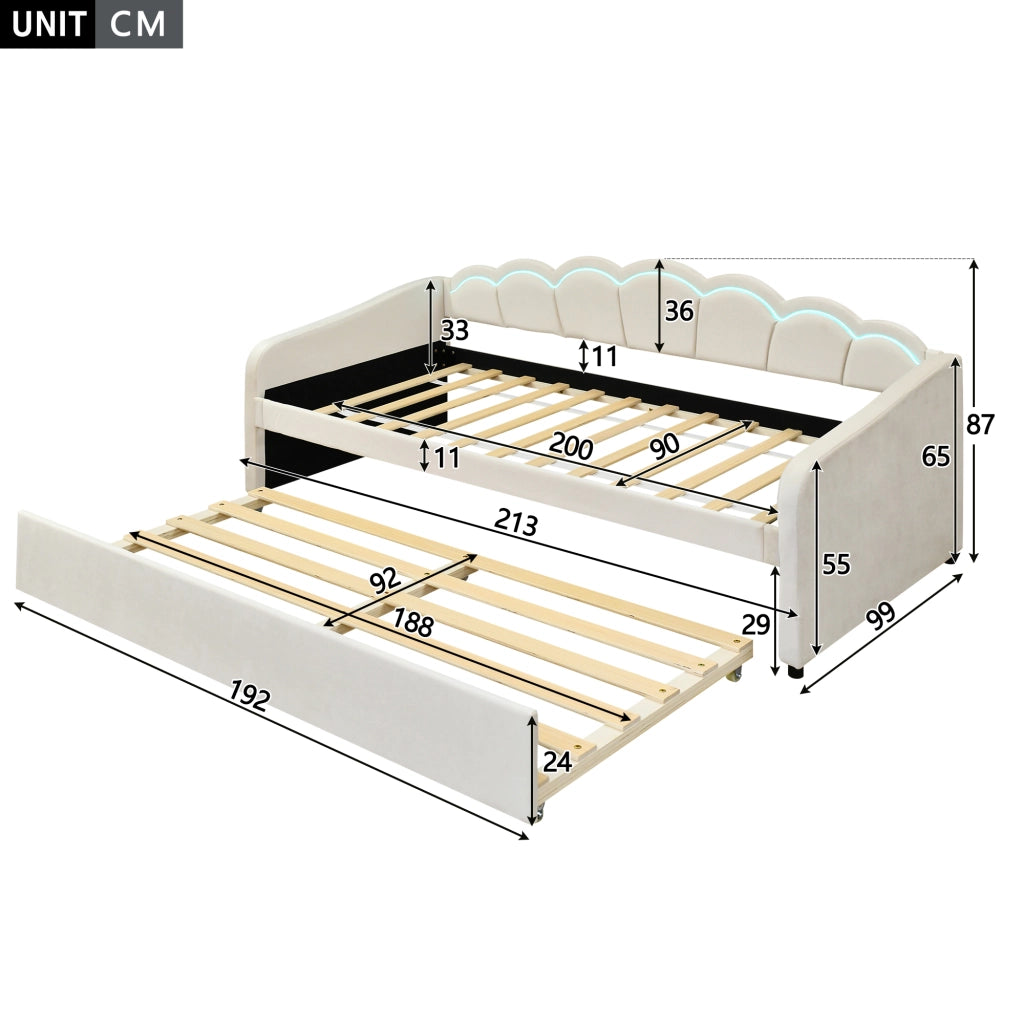 OKWISH Letto a Divano 90×200 cm, Letto Singolo con Letto Estraibile, LED Regolabile e Telecomando, senza Materasso, Velluto, Beige