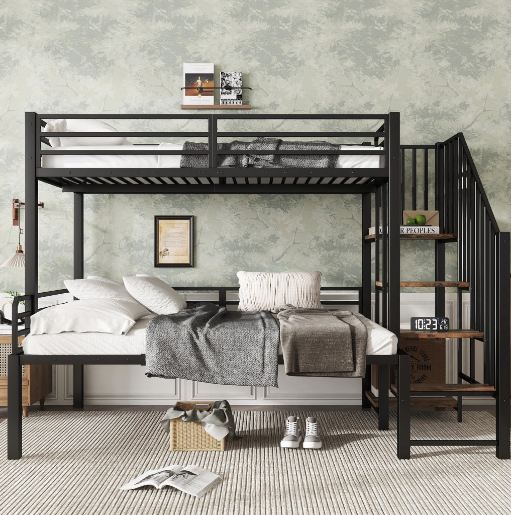 Letto a castello 90x200 / 120x200 cm in metallo e MDF; nero; con scaletta ad angolo con contenitore