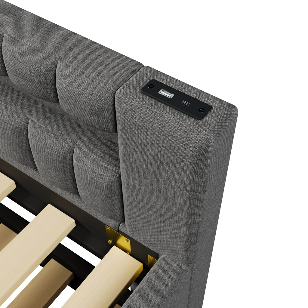 Letto divano 90x200 cm in lino grigio con letto estraibile; LED; USB e USB-C