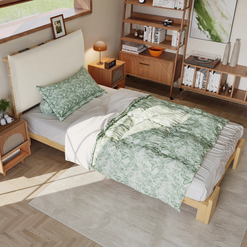 Letto singolo imbottito 90 ¡Á 200 cm con testiera in legno naturale rete a doghe e gambe larghe