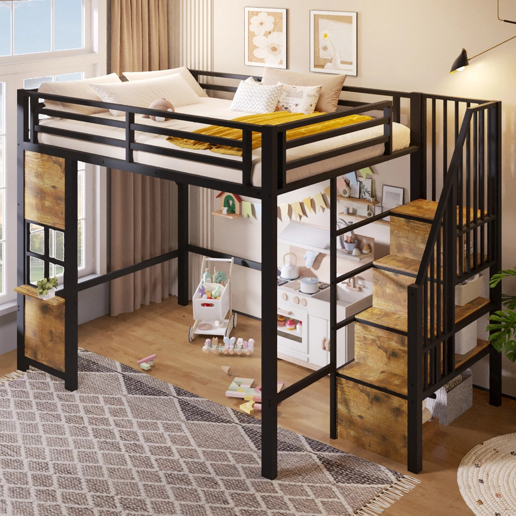 Letto a soppalco 140x200 cm in metallo e MDF nero con scala contenitore
