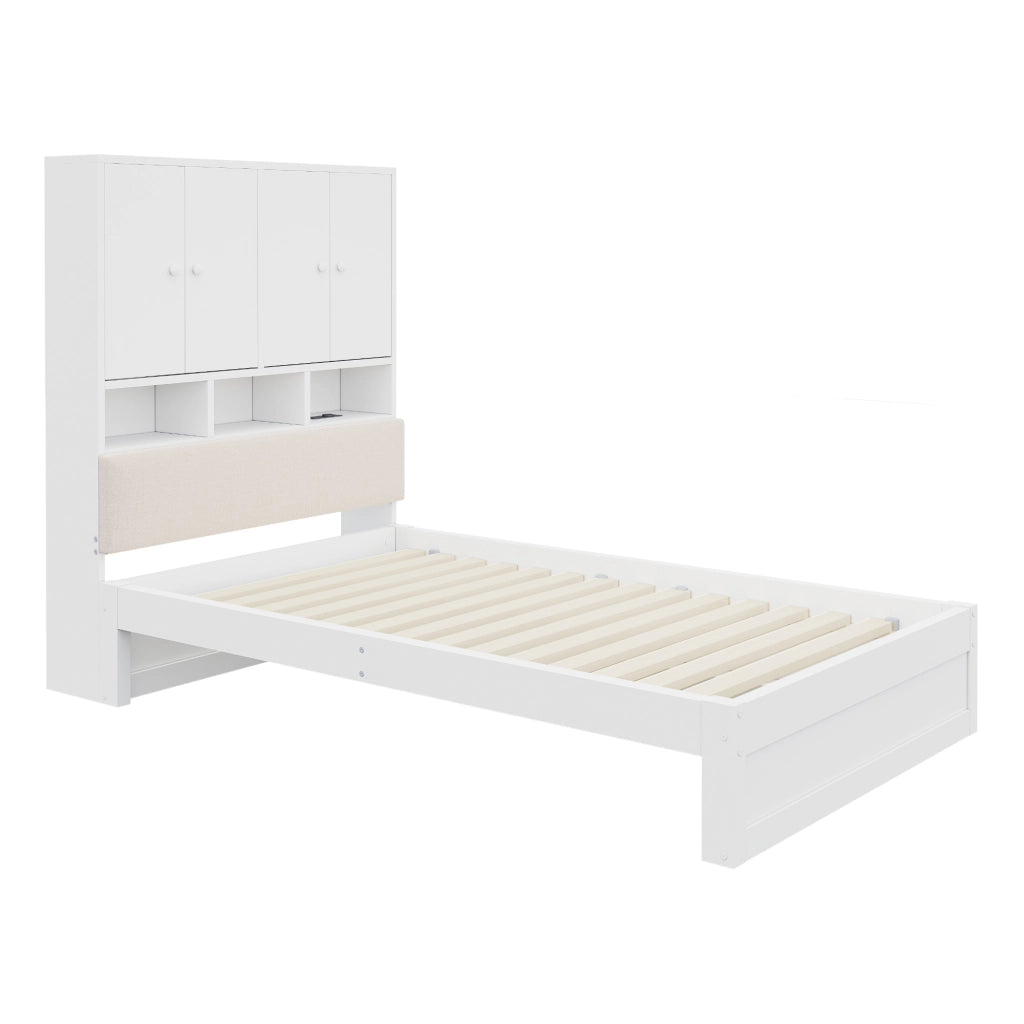 Letto Singolo in Legno 90x200 cm Multifunzionale con Cassetti, Testiera Imbottita e LED, Bianco