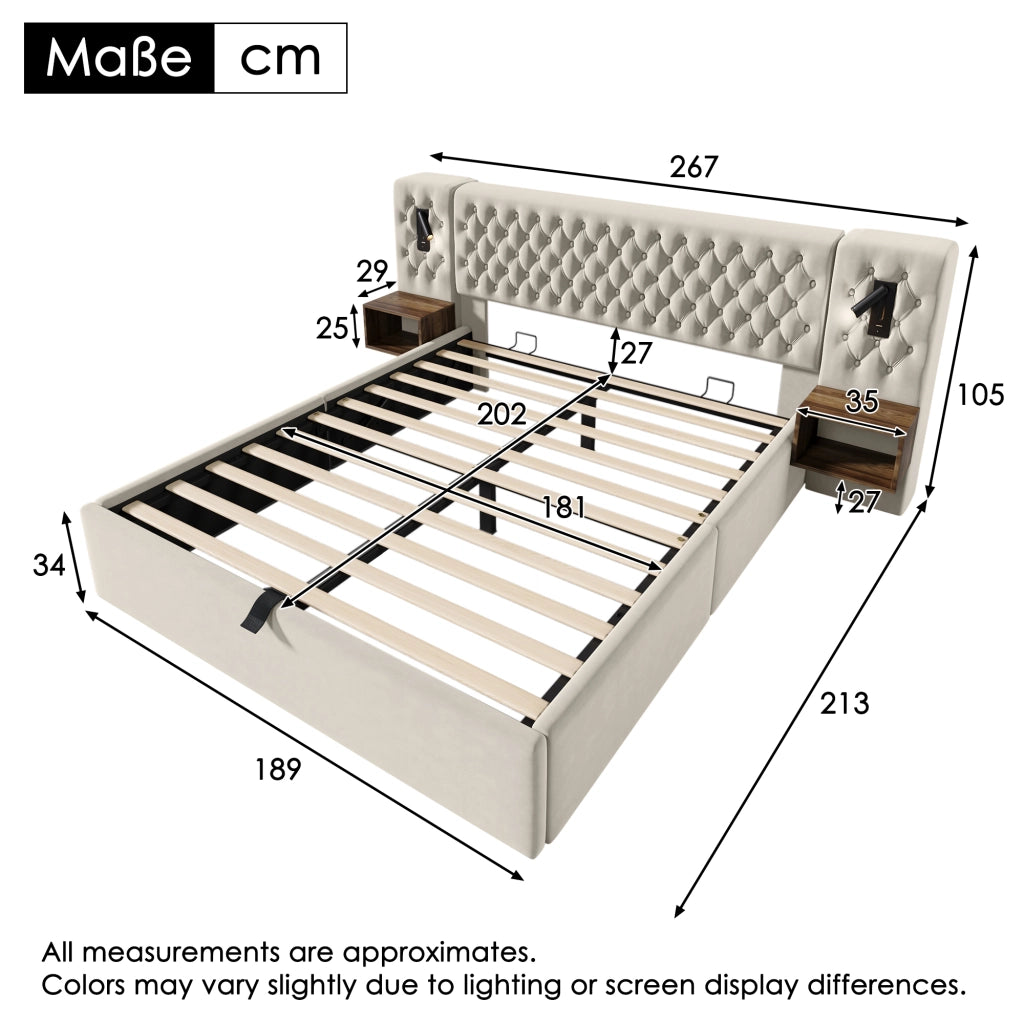 DESMIU Letto contenitore 2 posti con 2 comodini, USB, Type-C e luci da lettura 180 × 200 cm, senza materasso