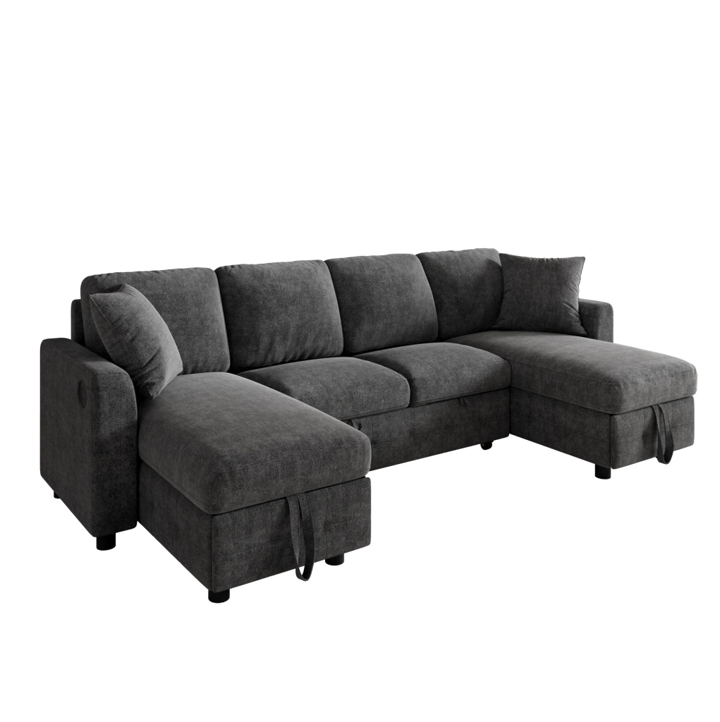 Divano letto estraibile in ciniglia con 2 chaise longue contenitore; USB e Type-C; grigio scuro