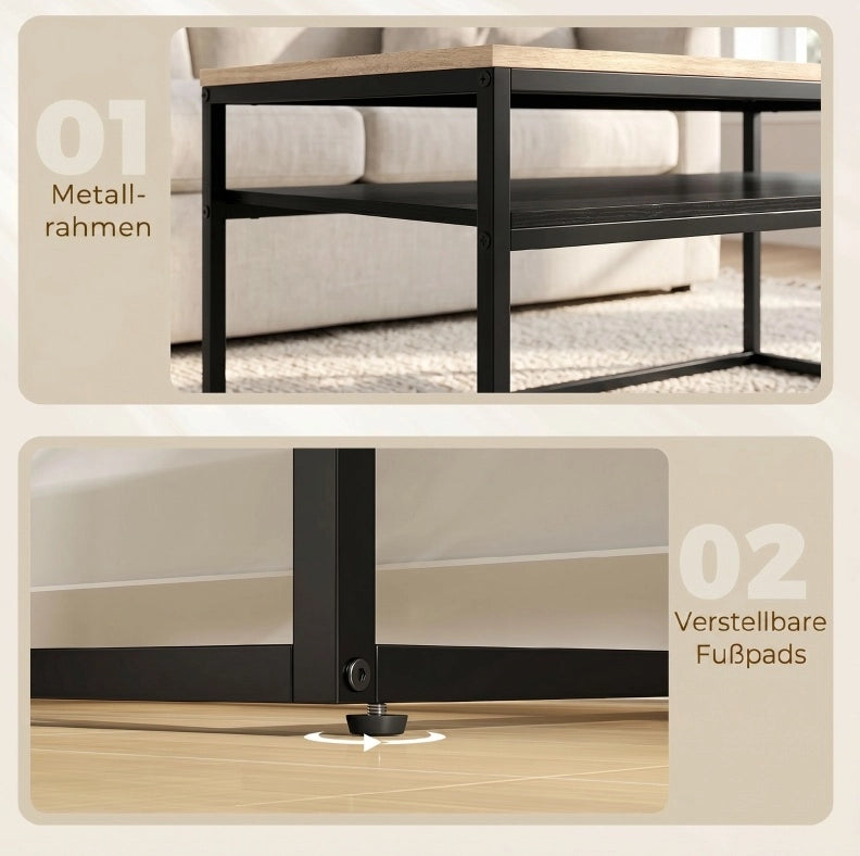 Tavolino da caffè in stile industriale moderno con ripiano, 100 x 59 x 47 cm, struttura nera e piano in effetto quercia