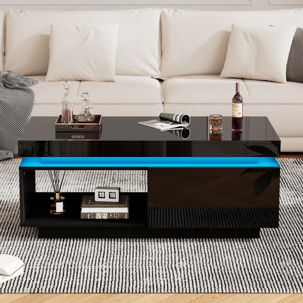 Tavolino da salotto con LED e cassetto in pannello di particelle nero lucido portata 50 kg 100 × 50 × 40.3 cm