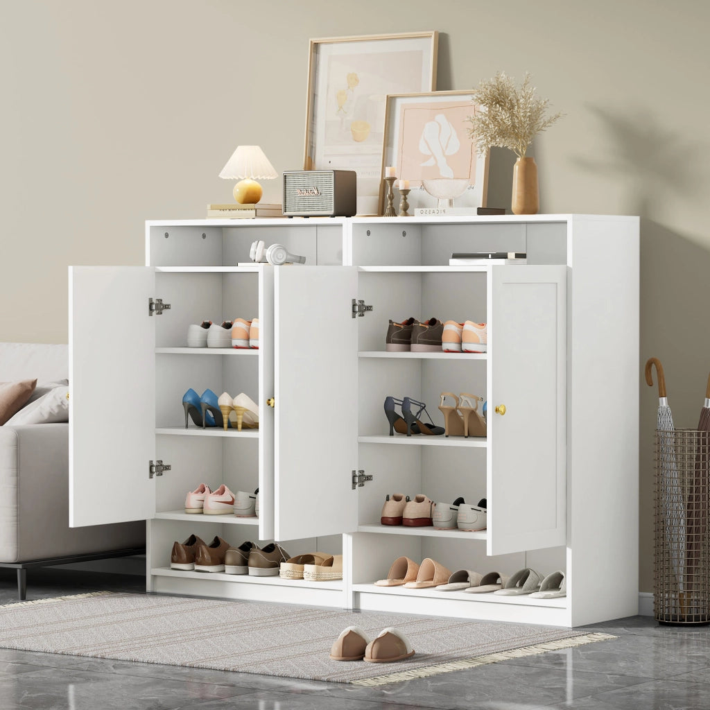 Scarpiera con 2 ante e ripiani regolabili in pannello truciolare bianco con vani aperti 146 × 34 × 109 cm
