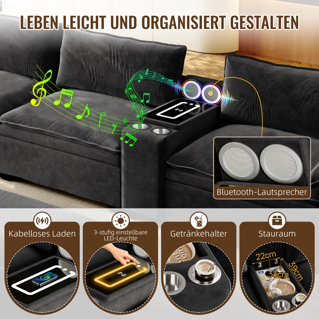 Divano modulare 4 posti - con contenitore; luci e portabicchieri - in chenille nero