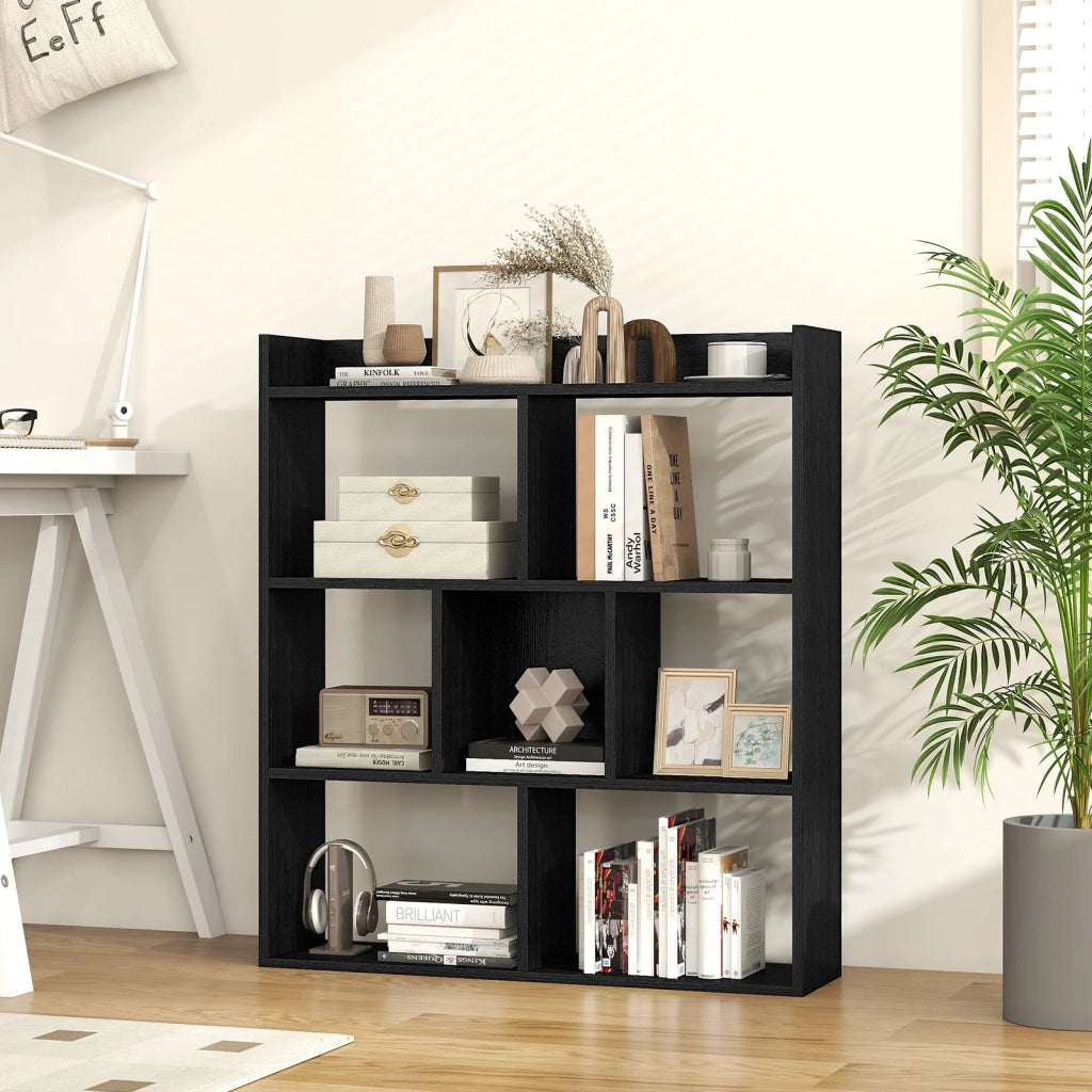 Libreria a 7 cubi con retro aperto nera, con dispositivi anti-ribaltamento, robusta e pratica per casa e ufficio