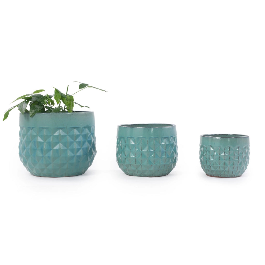 Set di 3 vasi in ceramica smaltata fatti a mano, diametri 36/29,5/21,5 cm, colore turchese con motivo a diamante, con fori di drenaggio, per interno ed esterno