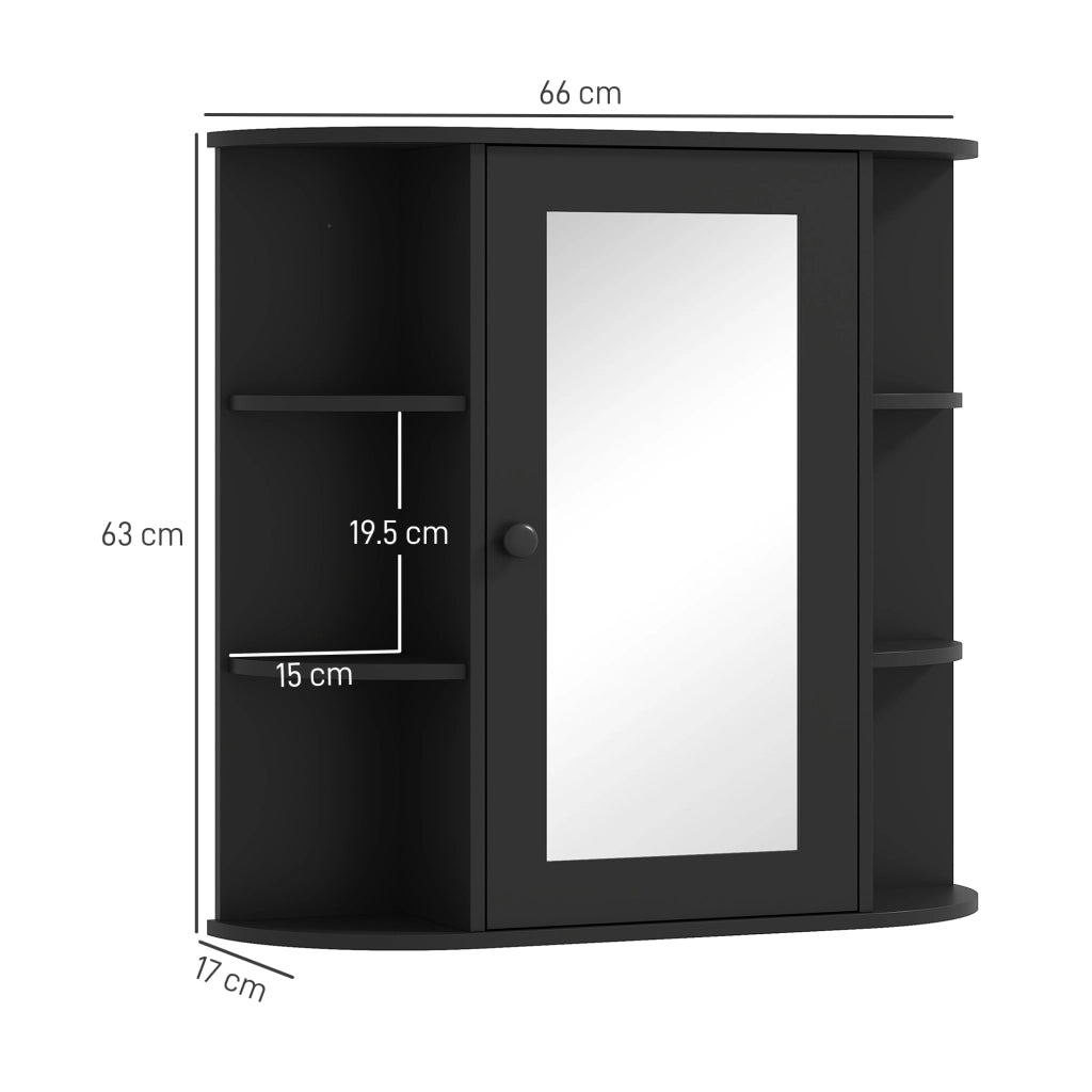 Specchiera Bagno con 6 Ripiani Aperti e 2 Chiusi, in Legno e Vetro, 66x17x63 cm, Nero