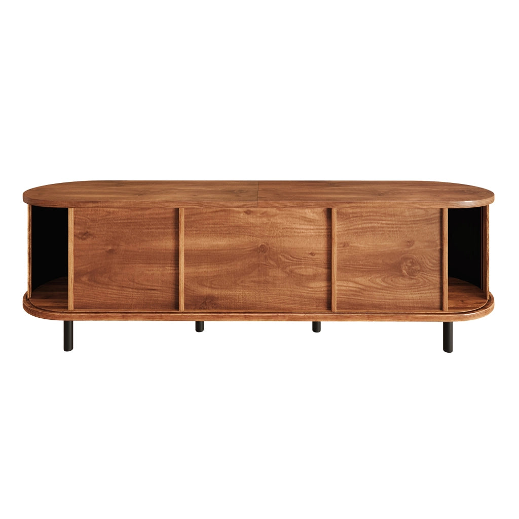 Mobile TV 150x40x55 cm con ante scorrevoli; 2 cassetti e ripiani; struttura MDF e pannello truciolare noce