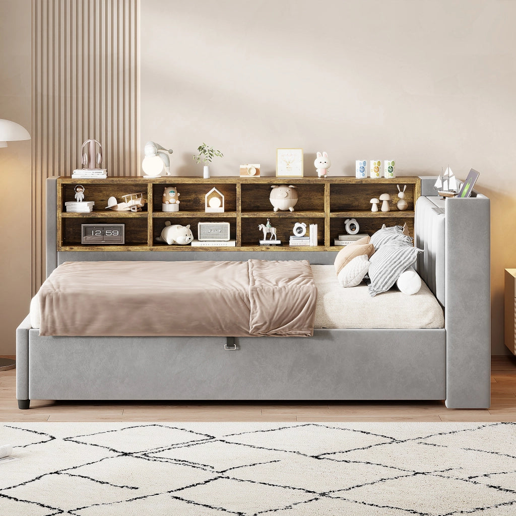 Letto divano singolo 90 × 200 cm con contenitore idraulico; luce notturna; USB e Type-C; senza materasso; grigio chiaro