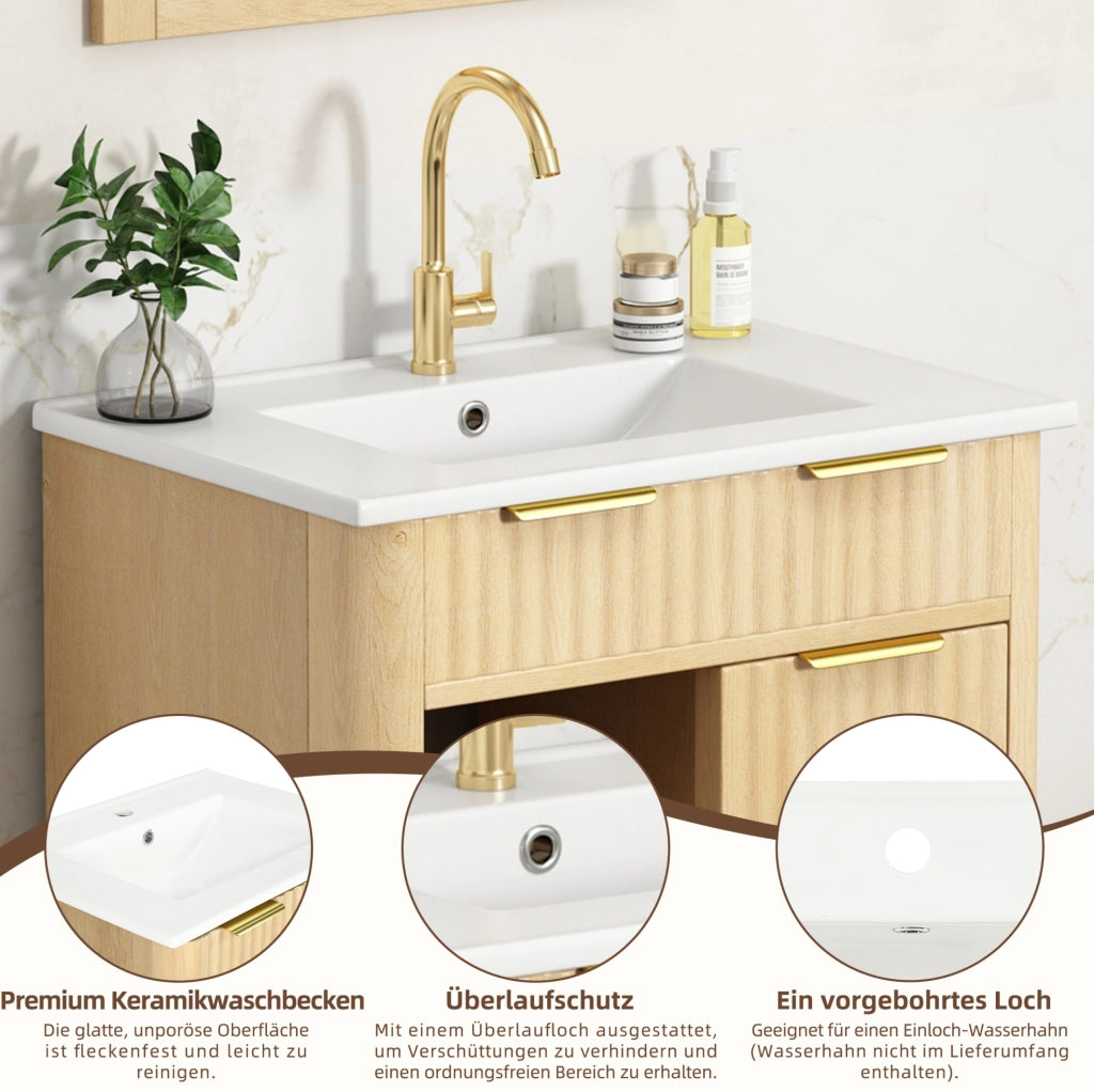 Mobile bagno 61 cm con effetto onde in legno naturale, 3 cassetti estraibili e anta scorrevole con ripiano, lavabo in ceramica incluso