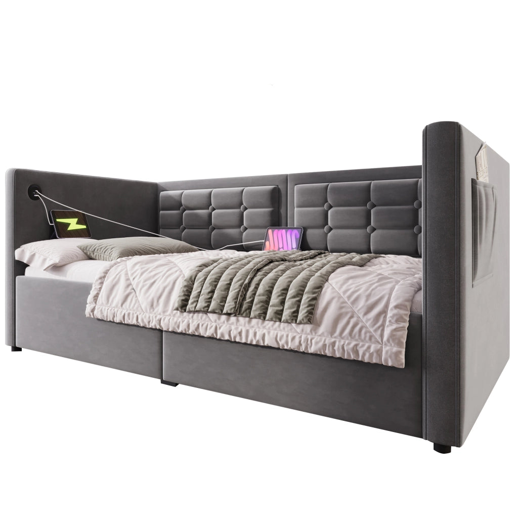 Divano letto imbottito 90x190 cm in velluto grigio con contenitore; USB e Type-C
