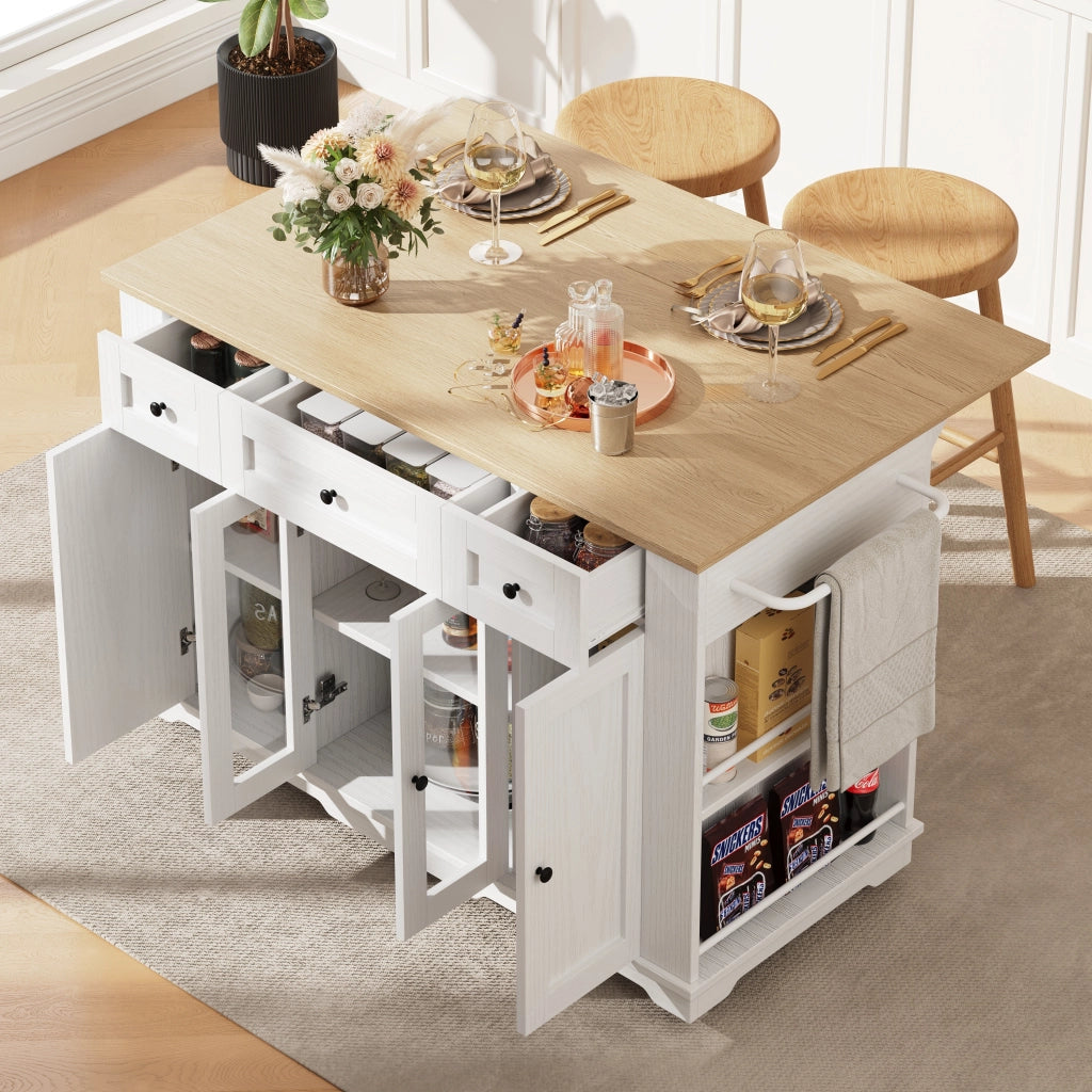Isola Cucina con Ripiani e Vetro Temperato ¨C Xylo ¨C Bianco, Piano in Legno