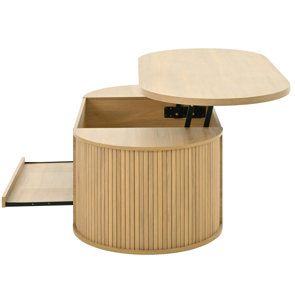 Tavolino da salotto in MDF regolabile in altezza con mensola estraibile, finitura effetto legno, 110x55,5x40 cm