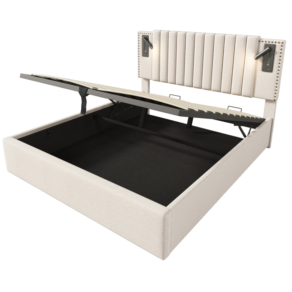 Letto matrimoniale 140x200 con contenitore, luce LED e USB, materasso incluso