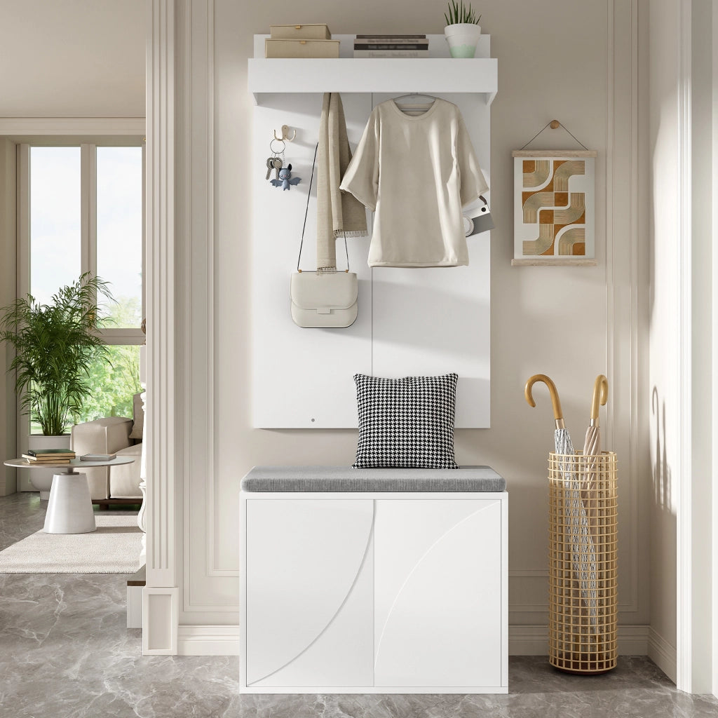 Set guardaroba 3 in 1 con appendiabiti, scarpiera a 2 ante e panca, bianco, 60x35x(45+100) cm
