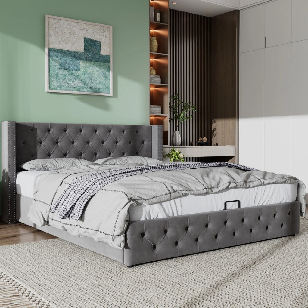 Letto matrimoniale 180x200 cm con contenitore idraulico in velluto; grigio