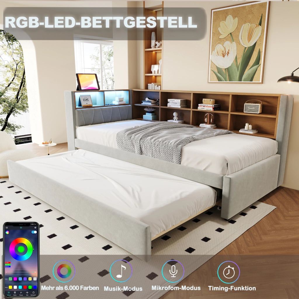 Letto con letto estraibile 90 × 200 cm con LED USB Type-C presa e vani portaoggetti in flanella grigio chiaro
