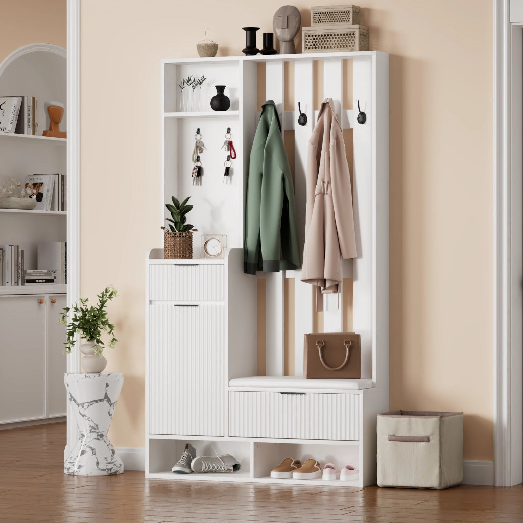 Set di mobili da ingresso con 8 ganci; panca con cuscino PU; 2 cassetti e vani aperti bianco 100 × 30 × 180 cm