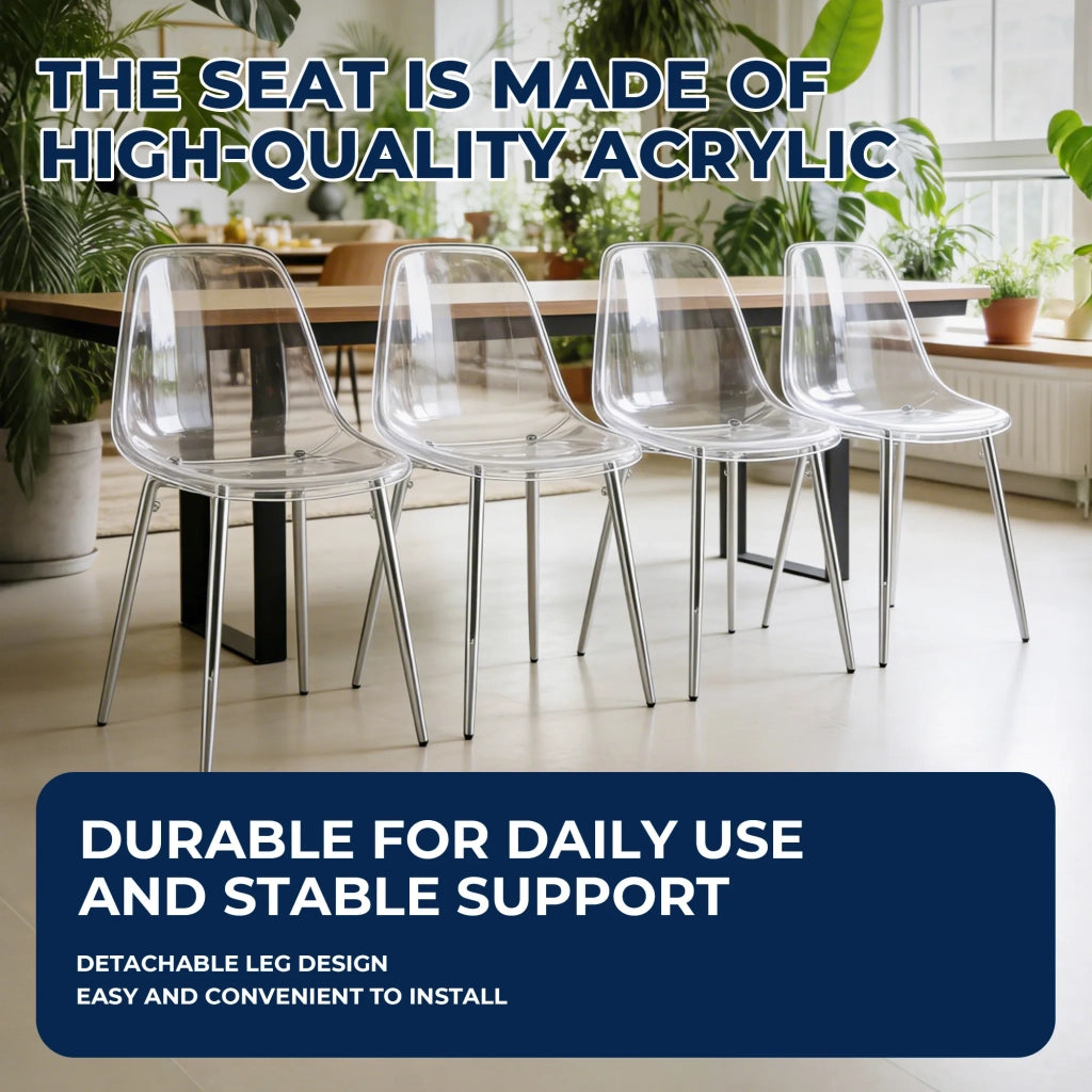 Set 4 Sedie a Cucchiaio in PET Acrilico Trasparente, Gambe Argento Eleganti, Design Moderno Chic per Sala da Pranzo