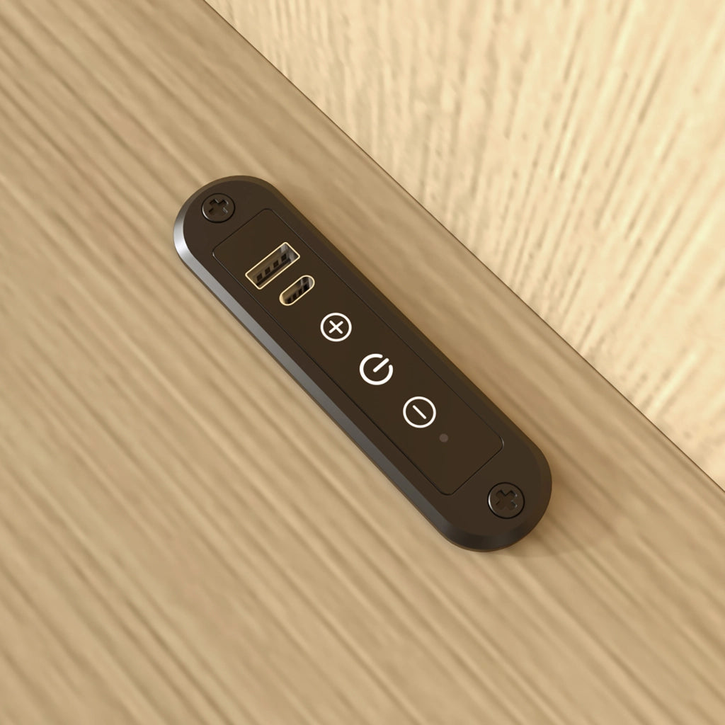 Letto contenitore 160 × 200 cm con comodini; vani aperti; luci orientabili; USB e Type-C in MDF rovere chiaro