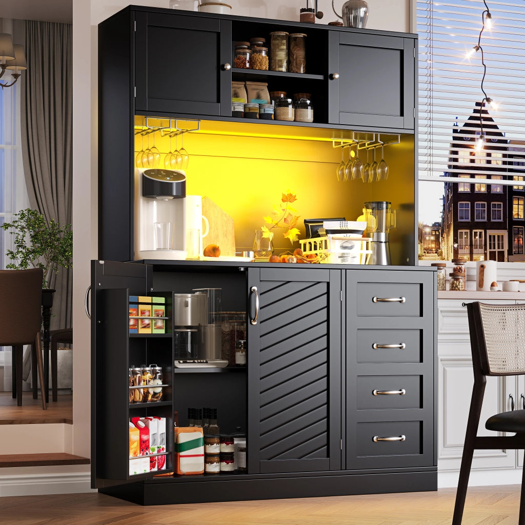 Credenza con illuminazione LED controllabile tramite app; 4 ante e portabevande in MDF nero 120 × 40 × 188 cm