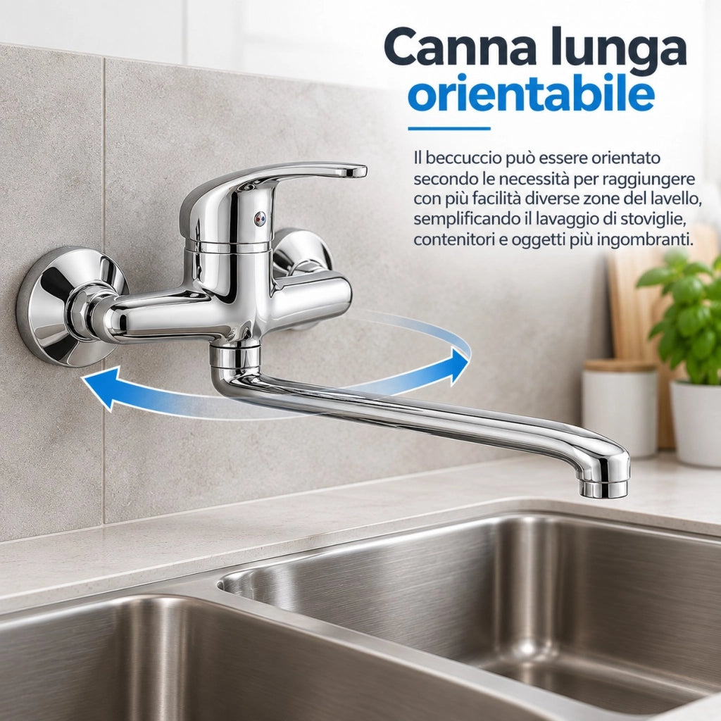 Rubinetto Parete Ottone Cromato Canna Lunga 25 cm Orientabile 69139