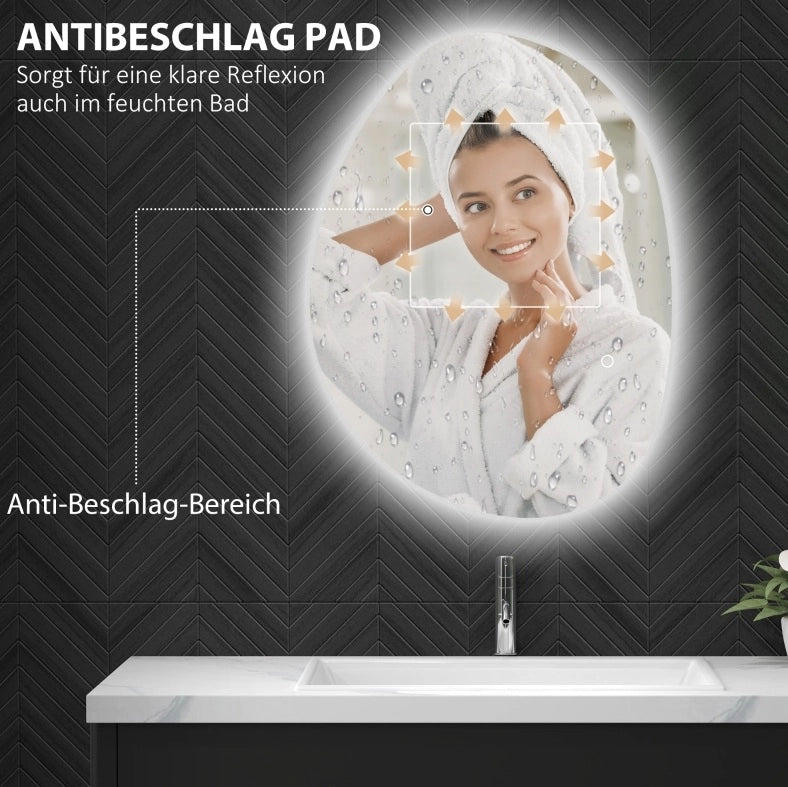 Specchio da bagno asimmetrico 70x50 cm con illuminazione LED e funzione antiappannamento, argento
