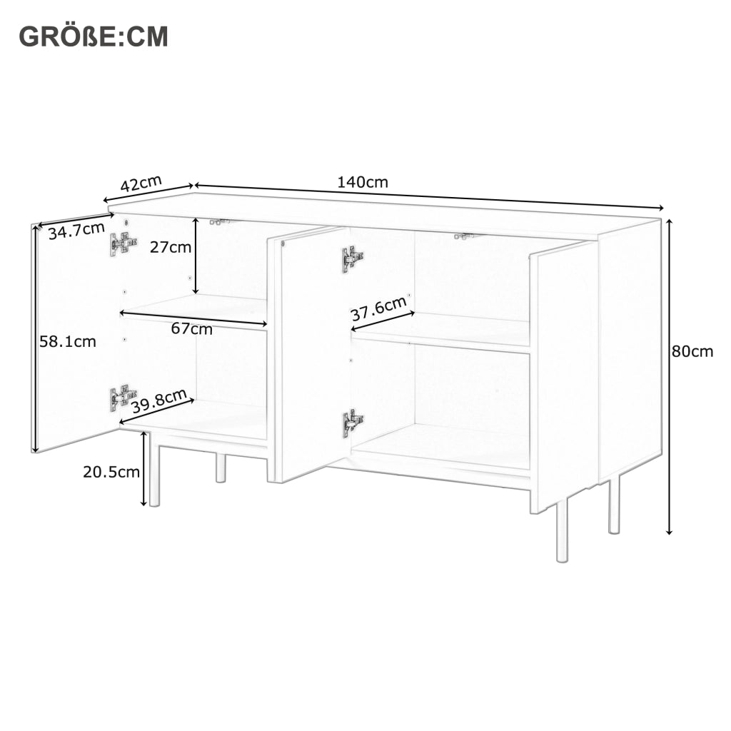 Sideboard moderno a 4 ante con motivo ad arco; 140x42x80 cm; in MDF e truciolare bianco