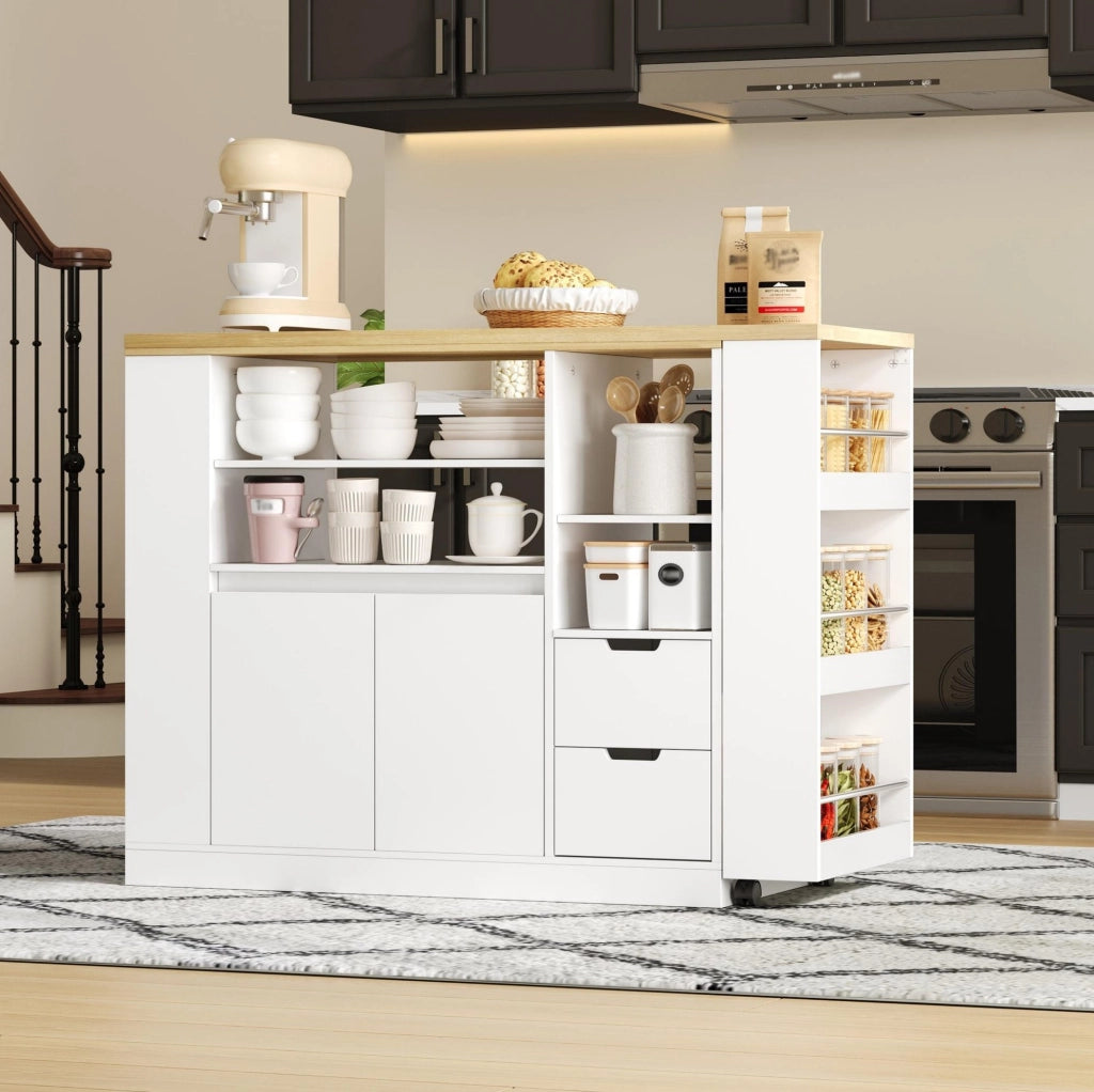 Isola cucina 115x50x92 cm con piano girevole estraibile; 2 cassetti e ripiani bianco/naturale HOMVRA