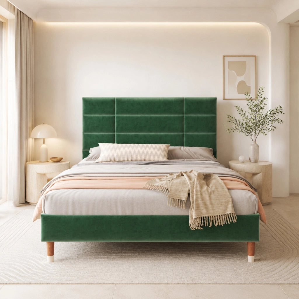 Letto matrimoniale imbottito 140x200 cm in velluto verde con rete a doghe