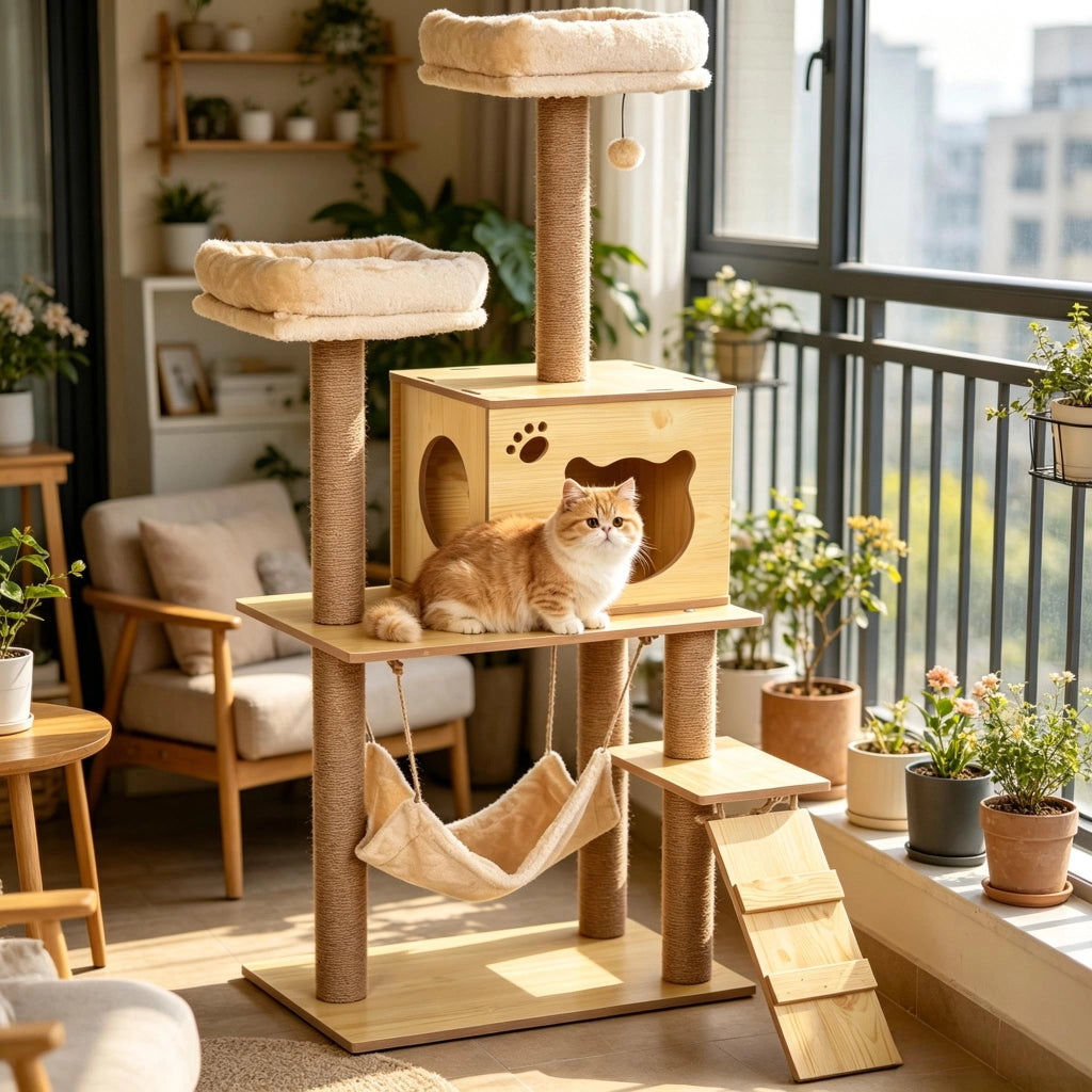 Tiragraffi per gatti con cuccia e amaca; piattaforme e pali in sisal; beige e marrone; 60 × 40 × 130 cm