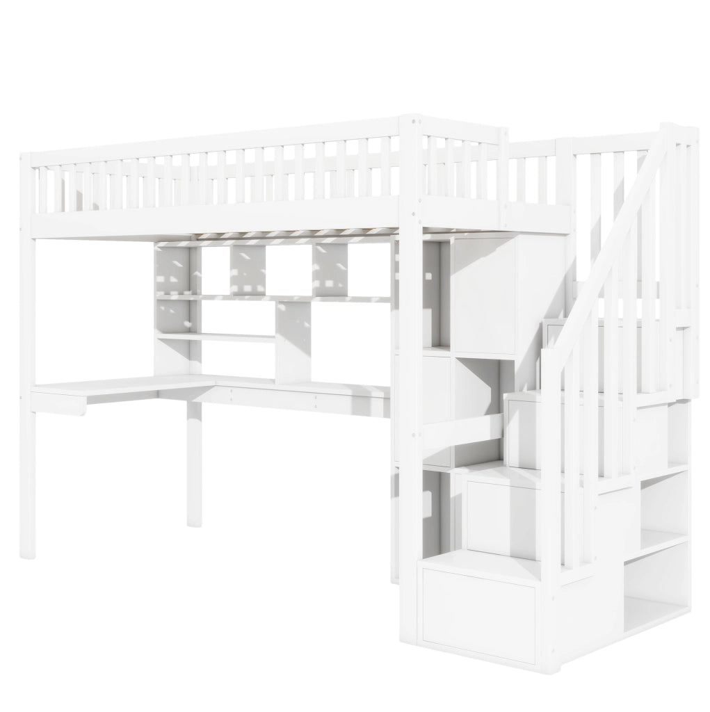 Letto a soppalco 90x200 cm con scrivania, LED e scala contenitore in pino e MDF bianco