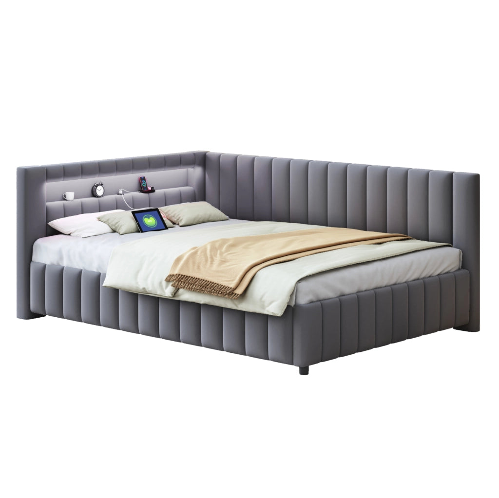 Divano Letto Imbottito in Velluto Grigio 140x200 cm con LED, USB e Schienale L-Shape