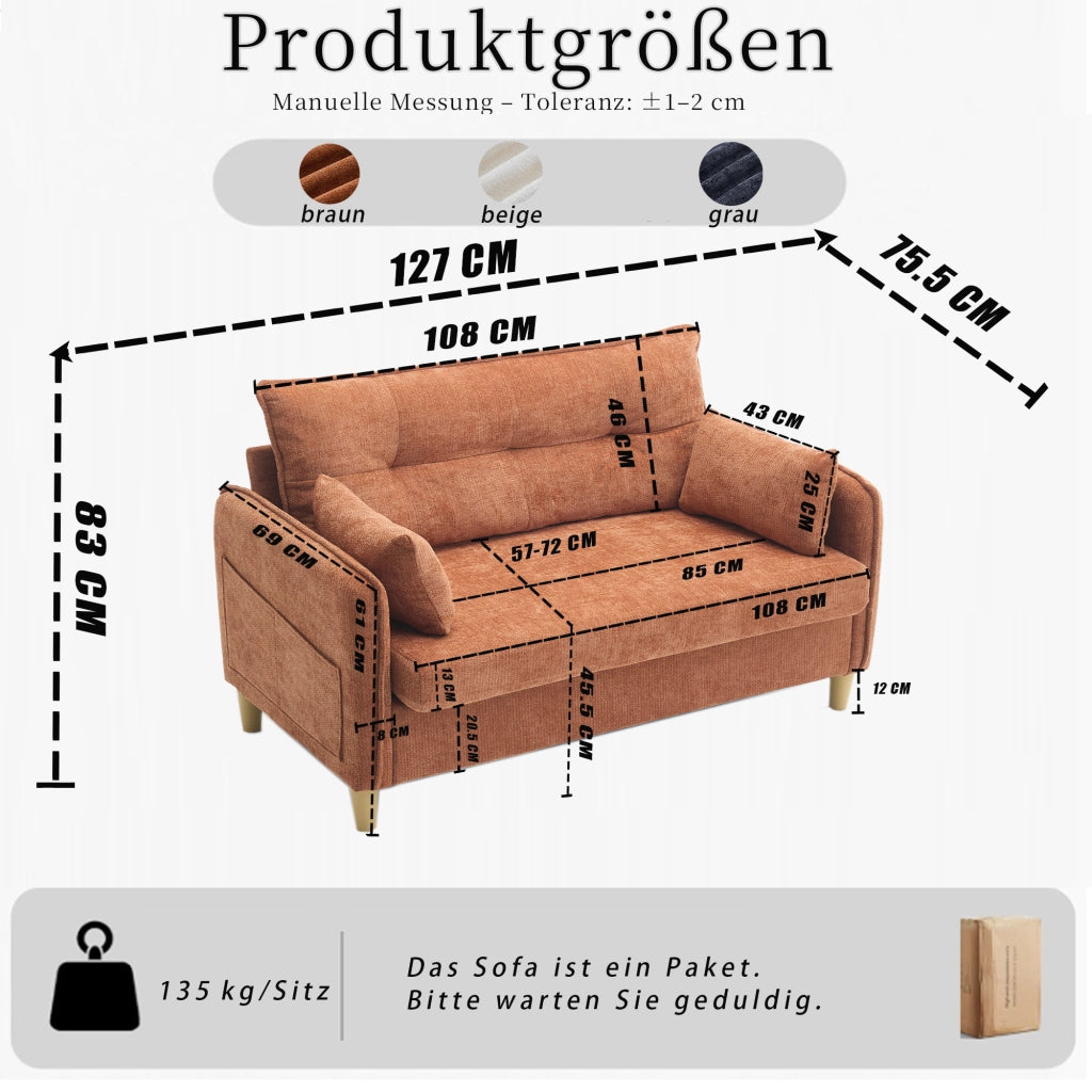 Divano 2 Posti con Braccioli e Tasche Laterali ¨C MINIMAL ¨C Chenille Marrone 127 cm