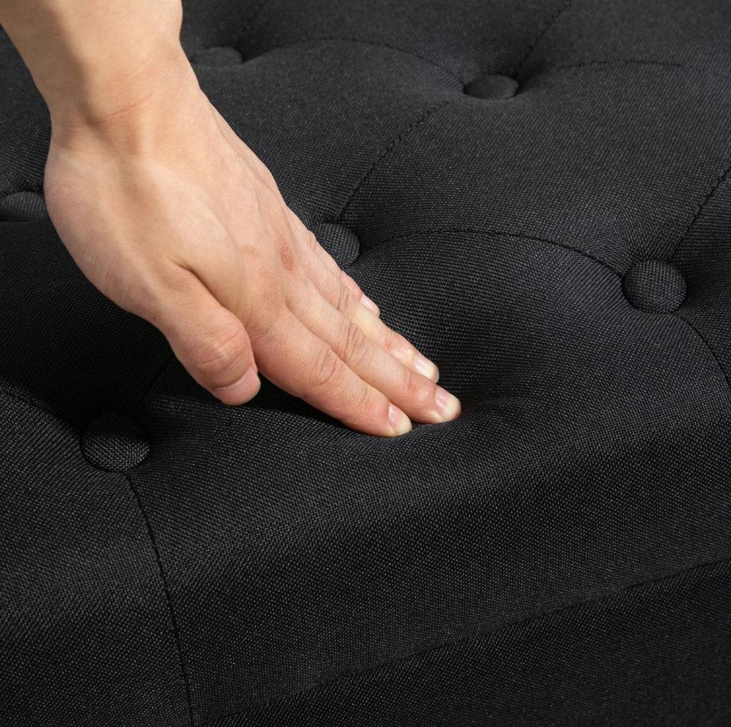 Panca contenitore imbottita in poliestere effetto lino nera 100x40x44 cm con gambe in legno di gomma