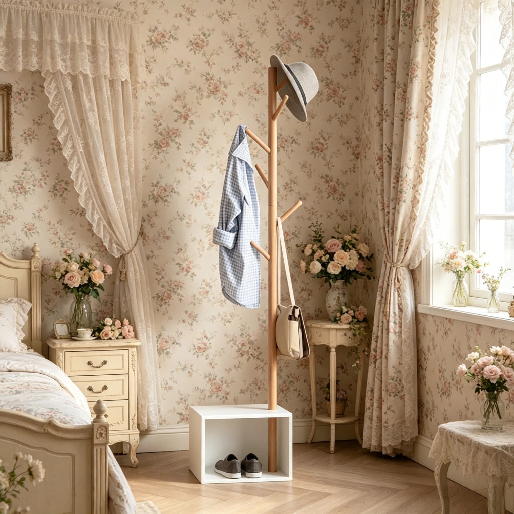 Mobile da ingresso appendiabiti con 6 ganci e vano contenitore, bianco e bambù, in MDF e legno, 40 × 30 × 180 cm