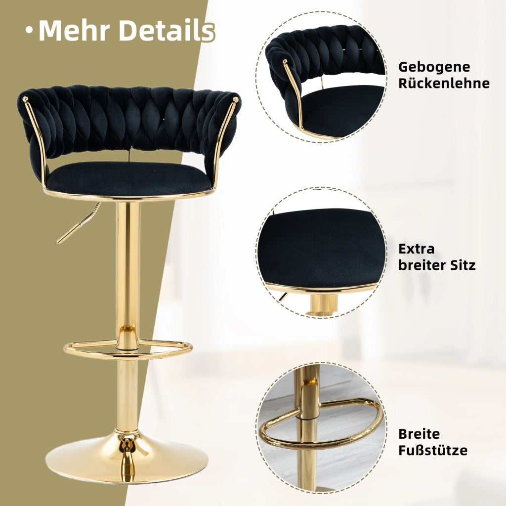 Sgabello bar girevole 360掳 regolabile in velluto nero con base oro