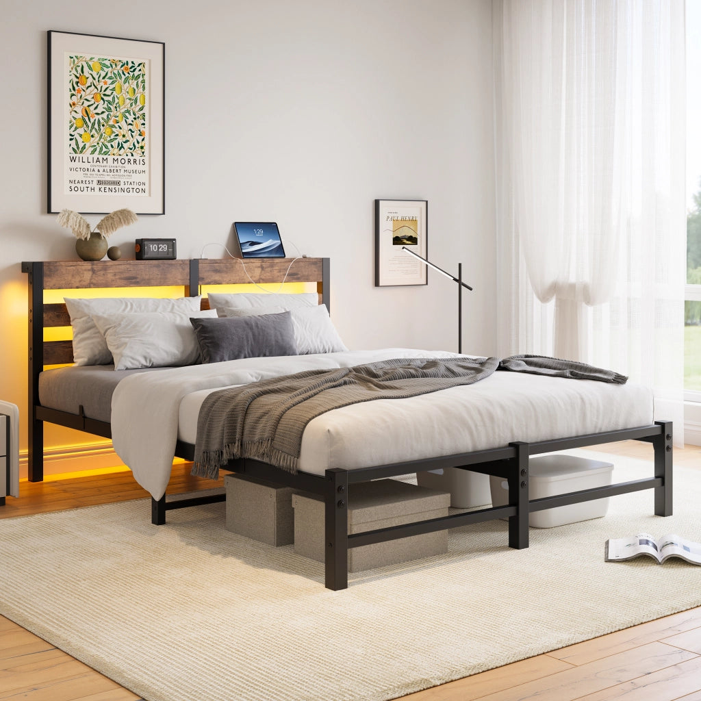 letto in metallo e legno nero marrone 140 x 200 cm