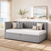 Divano letto 90 × 200 cm con letto estraibile a L rivestito in velluto grigio con schienale e testiera