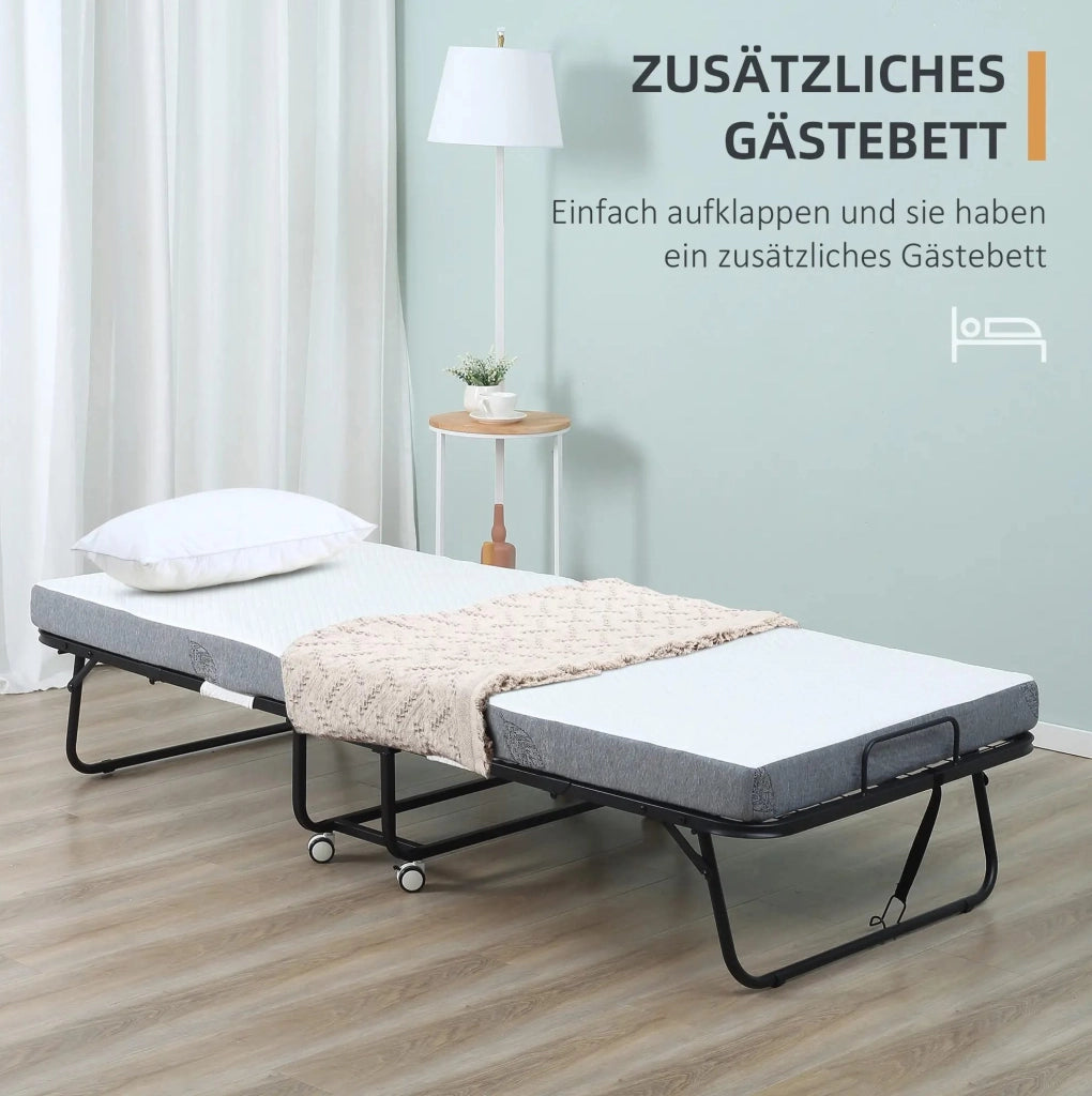 Letto aggiuntivo pieghevole 200x75x42,5 cm in acciaio bianco e nero con ruote