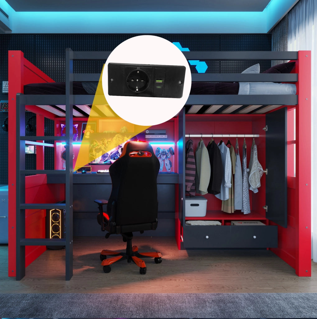 Letto a soppalco 90x200 cm in legno con scaletta, armadio, cassetti, scrivania e illuminazione LED, colore nero e rosso, stile gaming per bambini e ragazzi