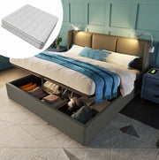 Letto imbottito contenitore 160x200 cm con luce da lettura e USB; materasso incluso; grigio