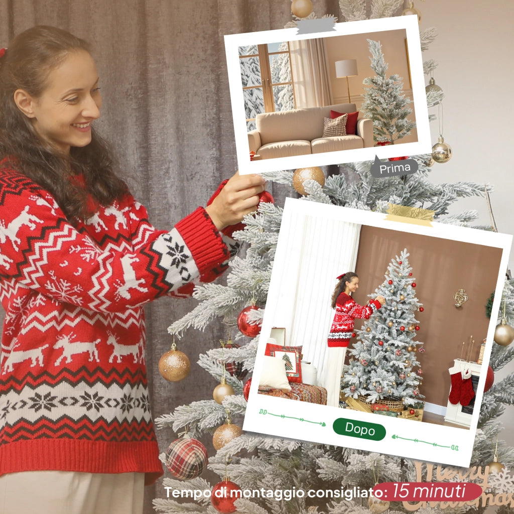 Albero di Natale Innevato Artificiale 210 cm con Base in Metallo Pieghevole Rami Realistici Facile da Montare per Casa